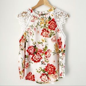 Floral Tropical Keyhole Back Top w Lace Design